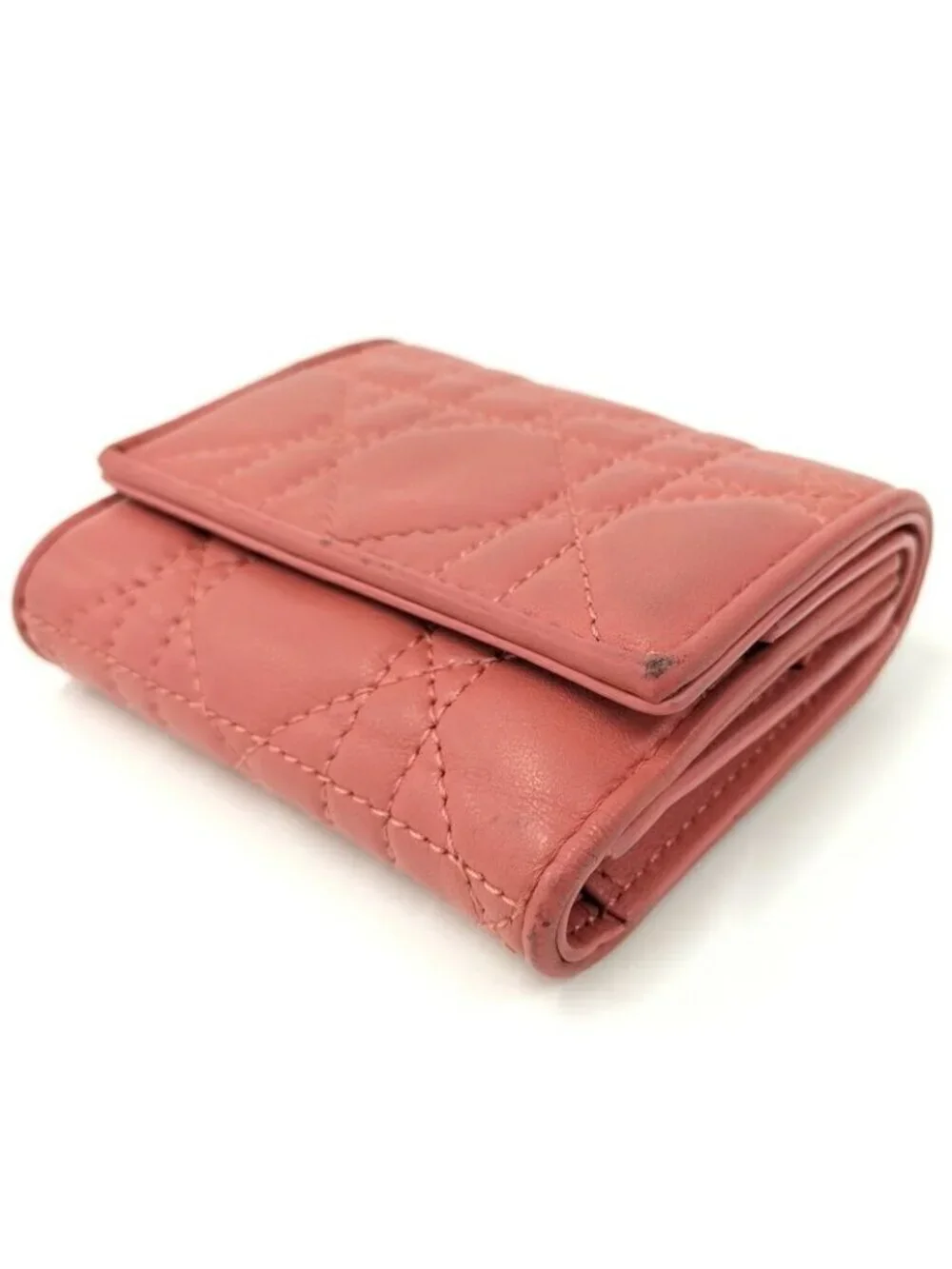 Dior Trifold Wallet Lady Lotus Leather Pink Coral